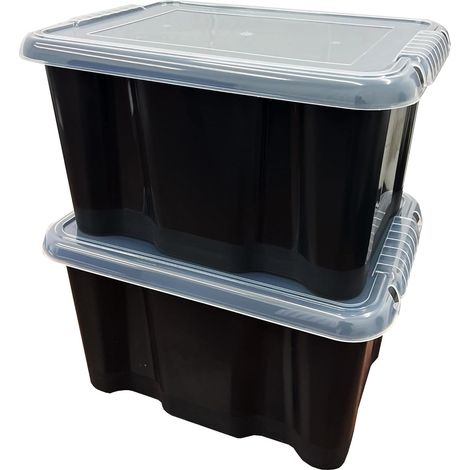2 x 24 Litre Large Black Plastic Storage Box With See Through Lids