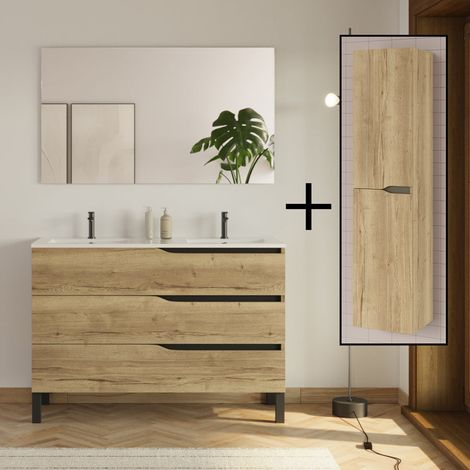 Meuble de salle de bain 120cm avec double vasque - 3 tiroirs et colonne de rangement - madera miel (bois clair) - MATA