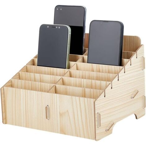 14 Ccellules Organisateur de Téléphone Portable en Bois, Portable Multifonctionnel Organiseur de Bureau pour le Stockage de Bureau en Classe, Couleur du Blé, 21.8x17.6x15 cm (1/5)