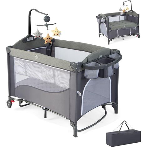 COSTWAY 5 in 1 Babybett, Reisebett Baby mit Matratze, Beistellbett höhenverstellbar mit Wickeltisch, Sicherheitsgurt, Spieluhr & Hängespielzeug, Stubenwagen Babywiege mit Rollen für Kleinkinder, Blau (1/5)