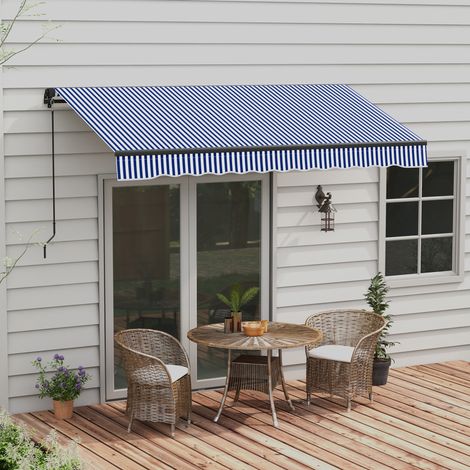 Store banne de balcon rétractable à commande manuelle, inclinaison réglable, manivelle, structure en aluminium, polyester bleu et blanc