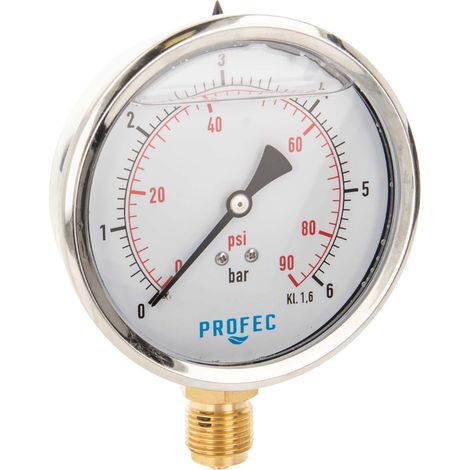 Profec Manometer 0 - 6 bar, Glyzeringefüllt, Ø 100 mm, 1/2 Zoll Anschluss nach unten Radial