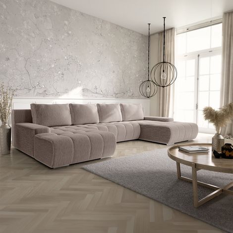 Petits-Meubles – Canapé U 5 places convertible coffre – Velours côtelé taupe – Dimensions 350x185 cm – Couchage 290x140 cm – 3 coussins déhoussables inclus (1/5)