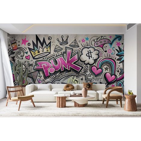 Papier peint graffiti - dessins urbains gris et rose - 150 x 250 cm (1/2)