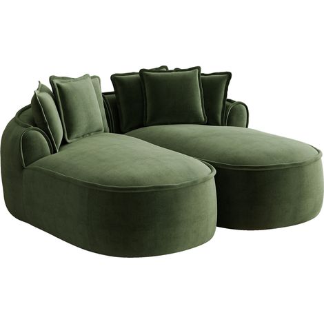 Canapé modulable double en chenille verte avec chaiselongue, design sans cadre, coussins inclus (1/5)