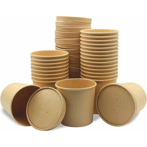 Carton Récipient De Nourriture, 25 Pièces Gobelets Aliments, Emporter Saladier, Bols à Soupe, Avec Un Couvercle, Résistant à l'Huile Et à l'Eau, Pour Les Nouilles, La Crème Glacée (16oz/450ml)Lefou (1/5)