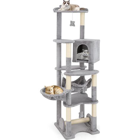 Costway – Arbre à chat XXL 176 cm – 7 poteaux à griffer en sisal – 6 plateformes – Condo et hamac – Dispositif anti-basculement – Gris (1/5)