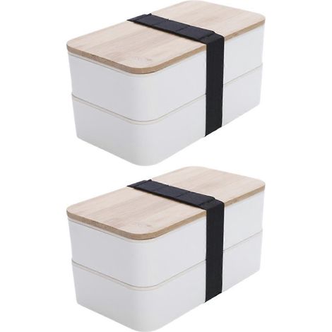 Boîte à lunch de style japonais, simple, à double compartiment avec couteau, fourchette et cuillère séparés, blanche. Boîte à lunch pour étudiant. (1/5)