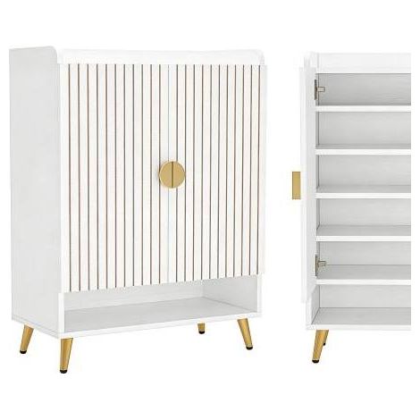 Freistehender Schuhschrank Weiß/Holz und goldfarbenes Metall, 7 Ebenen, 75 x 37 x 110 cm (1/5)