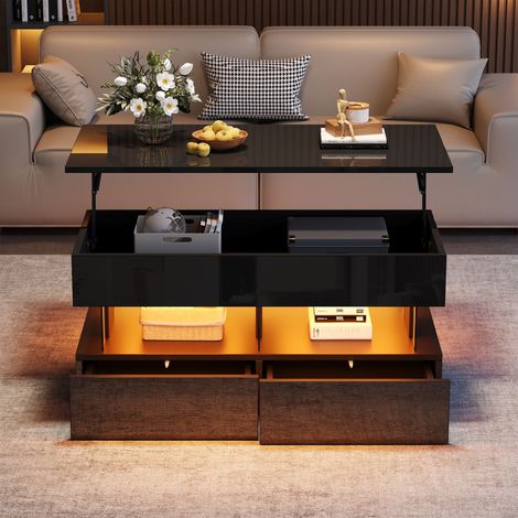 Table basse/table d'appoint relevable 100 x 50 x 46 cm avec plateau réglable en hauteur et rangement dissimulé, finition brillante avec éclairage LED, table basse à 2 tiroirs, noir, MDF + acrylique (1/4)