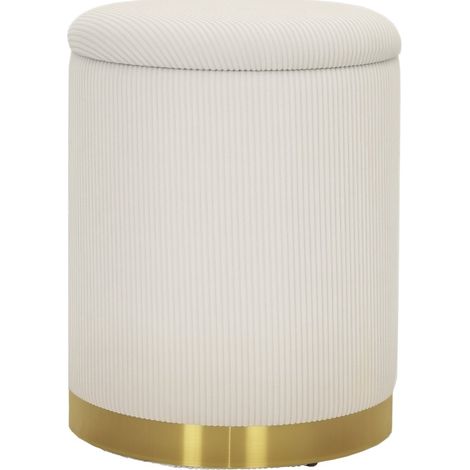 Pouf coffre de rangement rond en velours côtelé, siège d’appoint capitonné, base métal brossé, 36 x 44 cm, blanc crème, pour salon et chambre  CHICFURN (1/5)