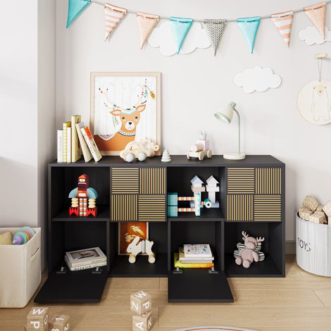 Bibliothèque Étagère, Meuble de Rangement, 8 Cubes de Rangement, 4 Portes, Armoire de Livres Style Scandinave, 125×30×60 cm, Noir (1/5)