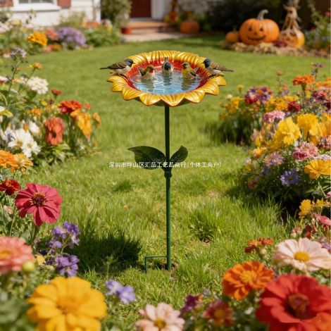 Ground-mounted wrought iron sunflower bird bath tub, outdoor garden craft butterfly bee bird feeder (default)