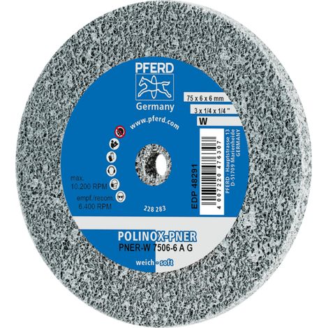 PFERD TOOLS POLINOX verpresstes Vlies-Rad PNER Ø 75X6 mm Bohrung-Ø 6 mm Weich A Grob für Finish 5 Stk (1/4)