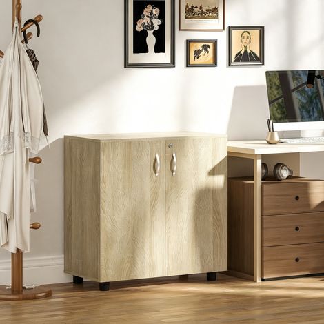 Armoire de bureau à 2 niveaux, meuble de rangement bureau avec 2 portes, serrures et clés, 80x40x80cm, chêne (1/5)