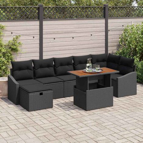 Conjunto de sofá de jardín con cojín 8 pcs Negro Poliratán
