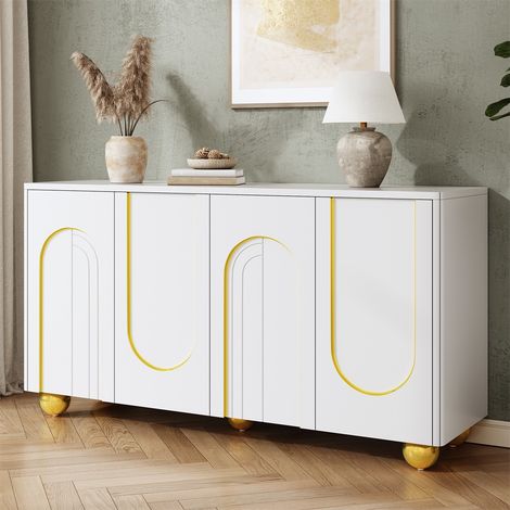 Buffet 4 Portes - 140x40x74cm - Sideboard de Salle à Manger Moderne avec Lignes d'Arches Dorées et Pieds Boules - Blanc (1/5)