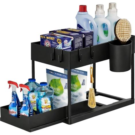 1 Meuble Rangement, Noir, Structure Compacte, Organisateur Cuisine, Polyvalent, Pour Sous Évier Salle De Bain