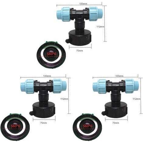 Pack of 3 IBC Tank Adapter S60 x 6 - Tee Fitting for Water Hose Connection - Tee Outlet (20mm Tee Outlet) (1/4)