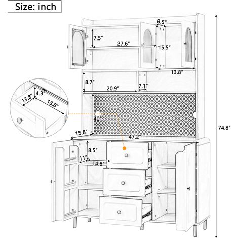 Armoire haute avec plancher perforé et pieds en bois massif. Armoire de rangement pour les plats, armoire à vaisselle avec des tiroirs. Idéale pour la cuisine et le salon. Couleur blanche. (1/5)