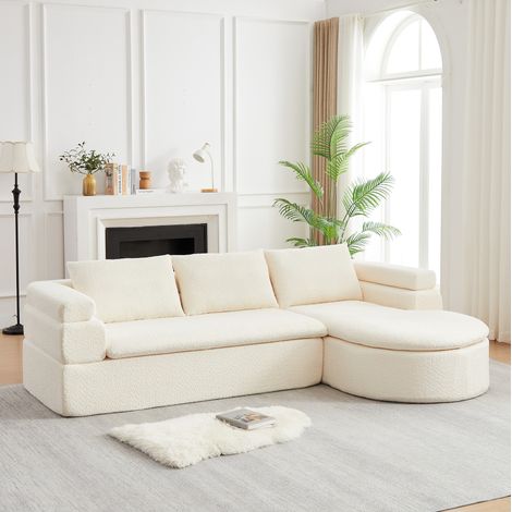 Divano angolare con chaise longue 3 posti in ciniglia, beige, forma a L, design nuvola DESVIAE (1/5)
