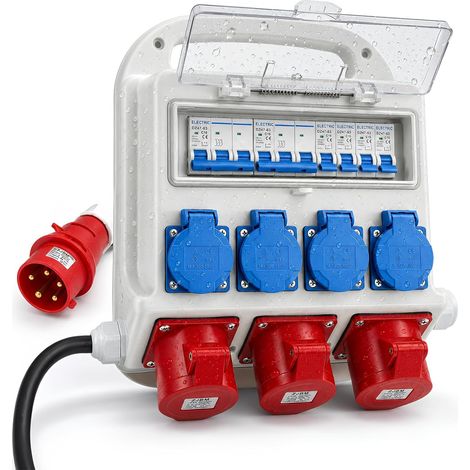 Coffret Électrique de Chantier, 32A Répartiteur de Courant avec 2x CEE 16A & 1x CEE 32A & 4x 230V Schuko, IP67 Tableaux à Disjoncteurs Électriques avec Disjoncteur FI, pour Intérieur Extérieur (1/5)