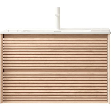 Mueble de baño suspendido 81 cm con lavabo cerámico blanco, 2 cajones, efecto nogal (1/5)