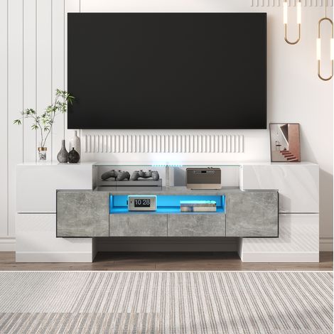 Mobile TV 145x30x51 cm bianco lucido e effetto cemento in pannello di legno con LED, 6 ante e 2 cassetti (1/5)
