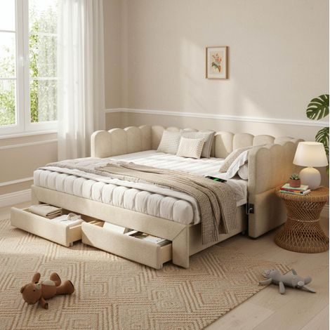 Cama sofá extensible 90x190 cm con 2 cajones, USB y USB-C, chenilla beige, OKWISH (1/5)