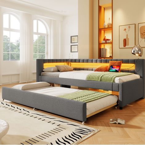 Cama dormitorio con LED y nido extensible gris OKMYHOME (1/5)
