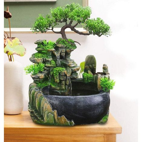 Fuente de interior con iluminación LED Fuente de mesa Sala de estar Oficina Cascada Desktop Bonsai Ornament Fuente Mesa Cascada Fuente de escritorio con Plantas Decoración (sin Niebla)