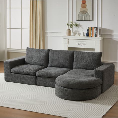 Divano modulare grigio in ciniglia con chaise longue reversibile e cuscini cervicali,251x160x81 cm (1/5)