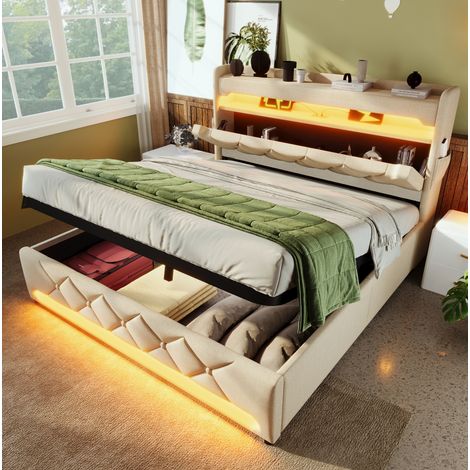 Cama tapizada 140/200 cm beige de lino con LED 360°, cabecero con carga USB-C y almacenaje hidráulico (1/5)