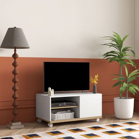 Meuble TV à roulettes, mobilier de salon, table pour téléviseurs 42 pouces avec porte et 2 étagères, 80 x 45 x 41 cm, blanc (1/5)