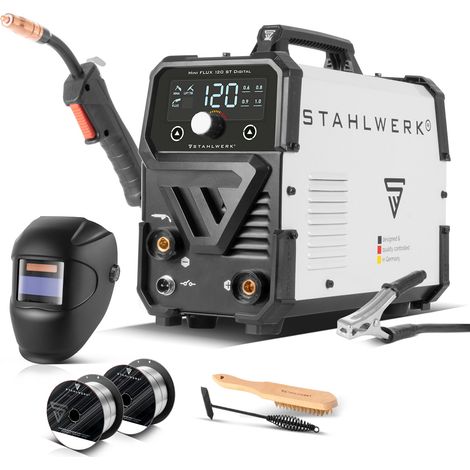 STAHLWERK Schweißgerät Mini FLUX 120 ST Digital – Vollausstattung – Fülldrahtschweißen (FLUX) ohne Schutzgas bis 120 A, synergischer Drahtvorschub, LED-Licht, Lift-TIG- & MMA-Funktion (E-Hand/ARC) (1/5)