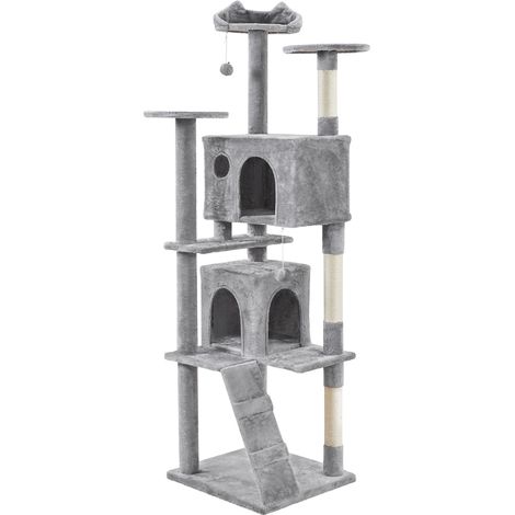 Yaheetech Arbre à Chat 203 cm, Arbre à Grimper avec 2 Niches 3 Plateformes 2 Boules en Sisal Multi-Niveaux Idéal pour 3-4 Chats, Gris Clair (1/5)