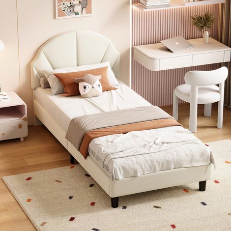 Lit simple 90x200 cm, lit enfant avec sommier à lattes, tête de lit ronde, velours, design moderne, Beige (1/5)