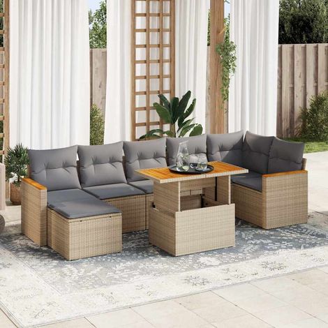 Salon de jardin 8 pièces avec coussins, résine tressée beige et bois d’acacia, 74.3kg - PANGIVO (1/5)