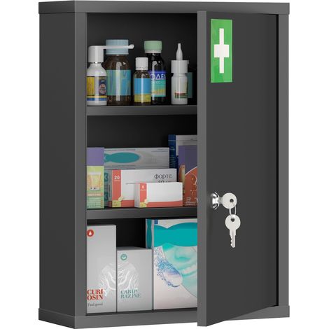 Armoire à pharmacie murale avec serrure, armoire murale en acier à 3 niveaux, 40 x 15 x 53,5 cm, noire