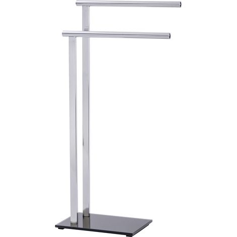 WENKO Portasciugamani da bagno a terra, Lava, con 2 barre portasciugamani, in acciaio inox e vetro temperato, 42x81x20 cm, lucido - nero (1/6)