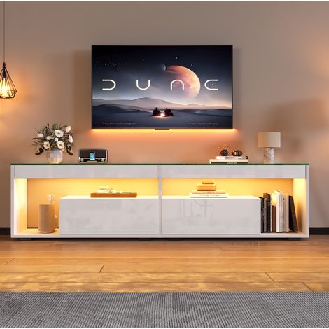 Mobile TV 180x40x46 cm, con LED dimmerabili, due cassetti, vetro temperato, bianco (1/5)