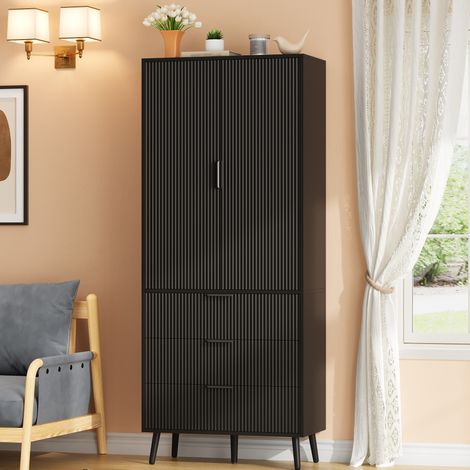 Armoire de rangement 75/35/180 cm noire avec 2 portes, 3 tiroirs et étagères réglables (1/5)