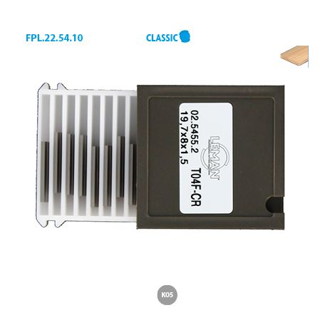 PLAQUETTE K05 7,7X8X1,5 / 2 COUPES 40° HM- rainure grande face (1/2)