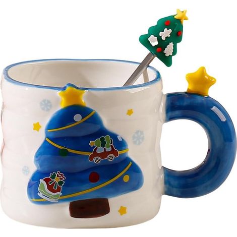 Mug en céramique 3D sapin de Noël 380 ml avec cuillère assortie, motif sapin, tasse festive en relief avec anse en forme d'étoile, adorable tasse à café ou à thé pour les fêtes, cadeau de Noël idéal p (1/5)