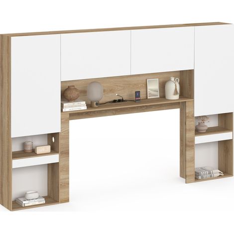 Pont de lit BRIDGET XXL 265 cm avec rangements, penderie, multiprises et LED bois et blanc (1/5)