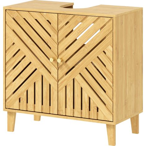 Meuble sous lavabo, meuble de salle de bain en bambou avec étagère réglable et portes à lattes 60 x 30 x 60 cm, naturel