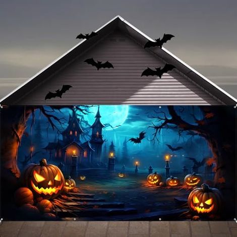 Decoración de puerta de garaje de Halloween de 2,1 x 4,9 m, gran fondo colgante con estampado terrorífico para decoración exterior del hogar, fiestas de Halloween, decoración de paredes de garaje y fo (1/5)
