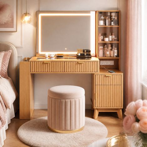 Tocador con specchio LED, 3 cassetti, 1 anta, prese e porte USB, effetto legno naturale DESVIAE (1/5)