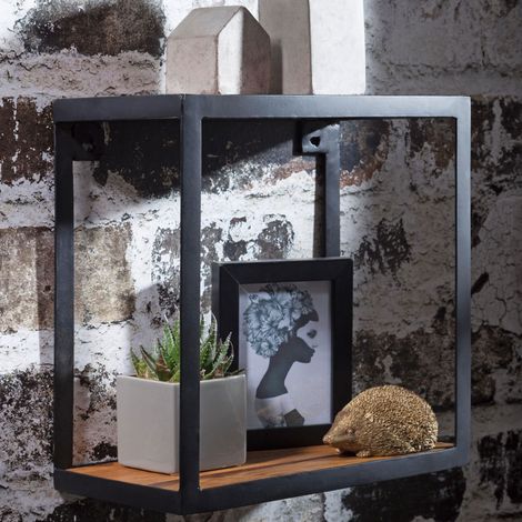 Etagère murale 35x18x35 cm en métal noir et bois marron (1/4)