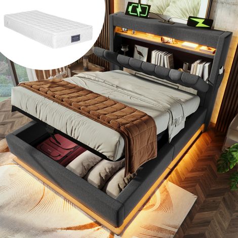 Lit simple 90x200 – Tête rangement – USB + Type-C – LED tête/pied – Hydraulique – Gris lin – Avec matelas (1/5)